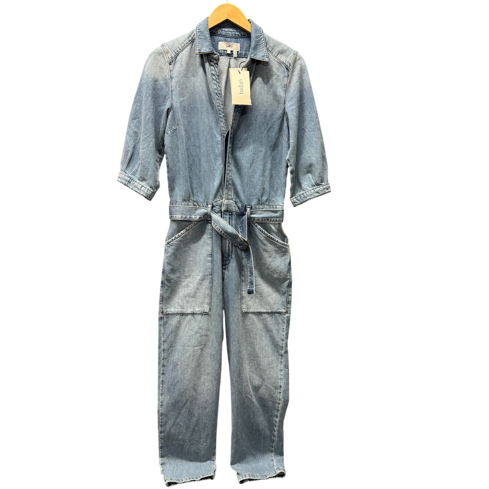 ba&sh Jumpsuit Womens Small Frida Light Blue Organic Denim Belted Utility NEW